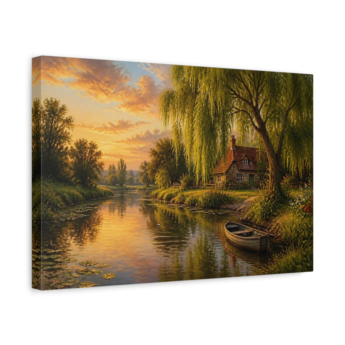 Side Mockup 4. Willow Tree Landscape Cottage shown as canvas print