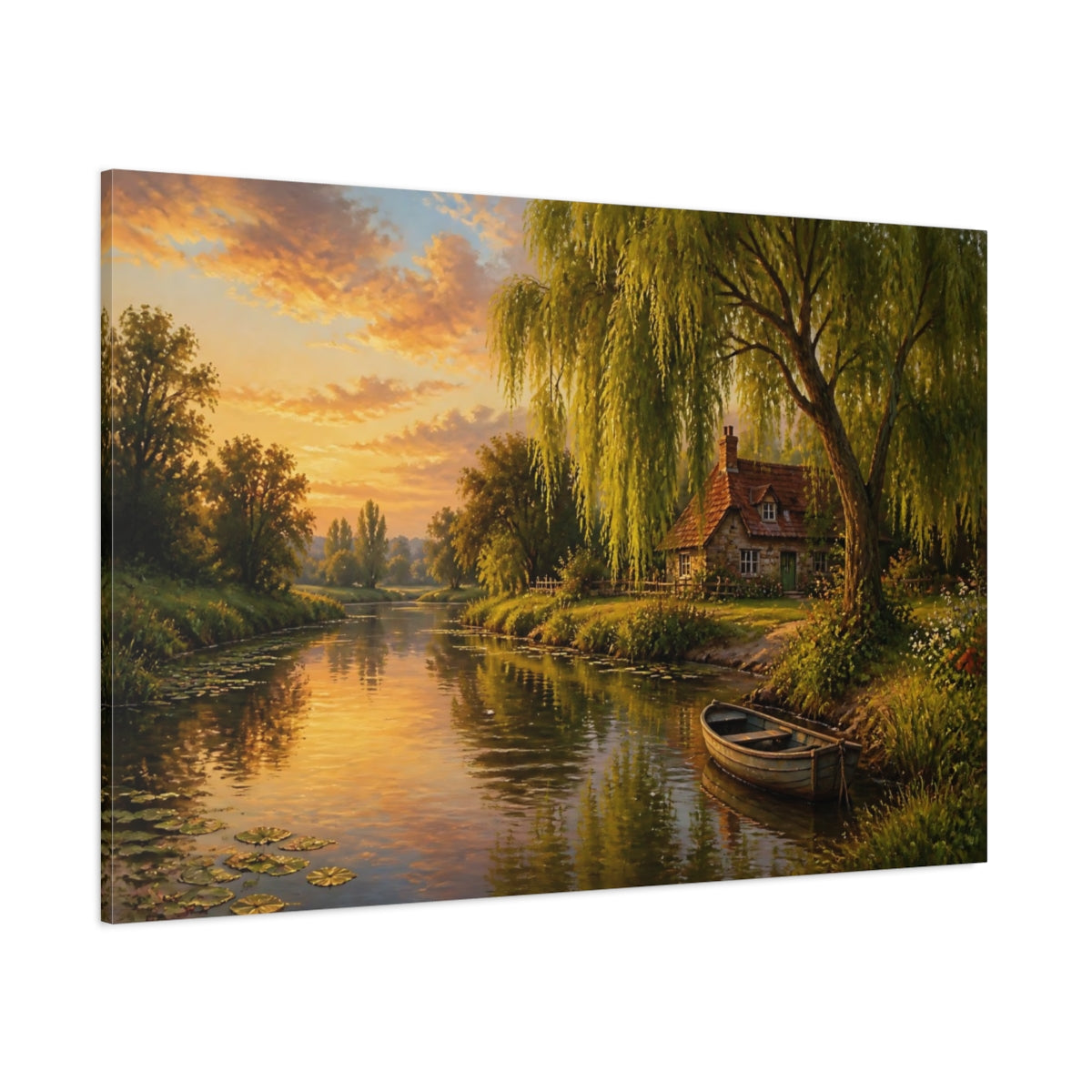 Side Mockup 1. Willow Tree Landscape Cottage shown as canvas print