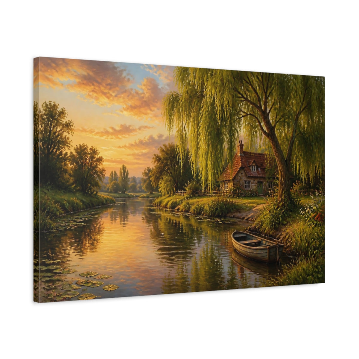 Side Mockup 2. Willow Tree Landscape Cottage shown as canvas print