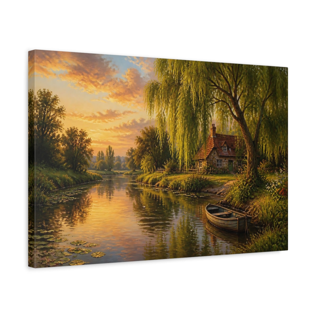 Side Mockup 3. Willow Tree Landscape Cottage shown as canvas print