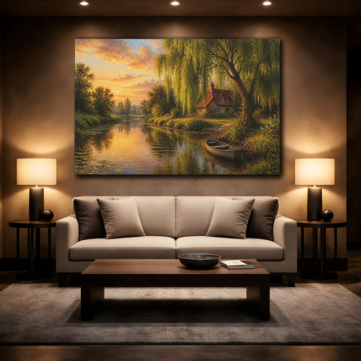 Mockup 2. Willow Tree Landscape Cottage shown as canvas print