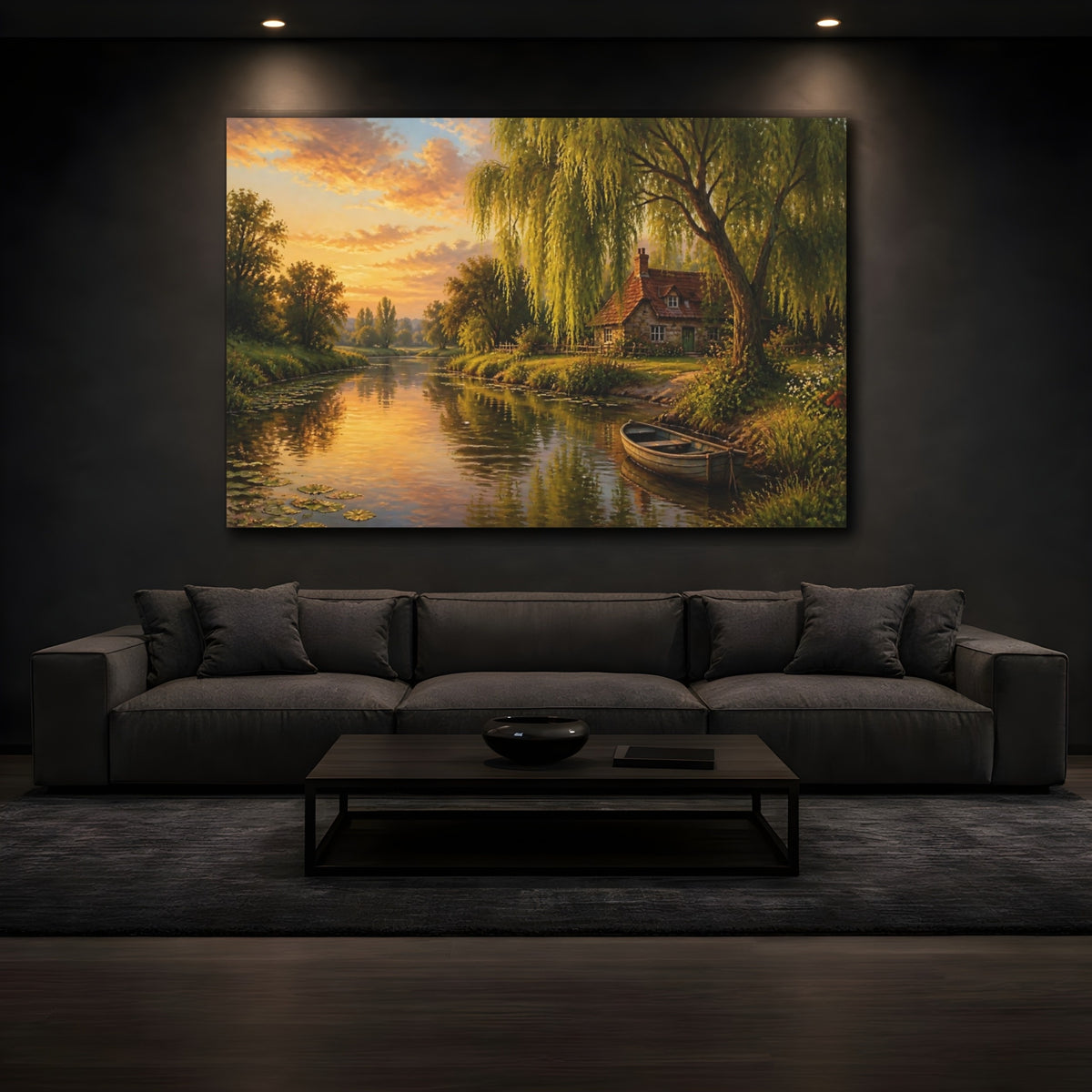 Mockup 3. Willow Tree Landscape Cottage shown as canvas print
