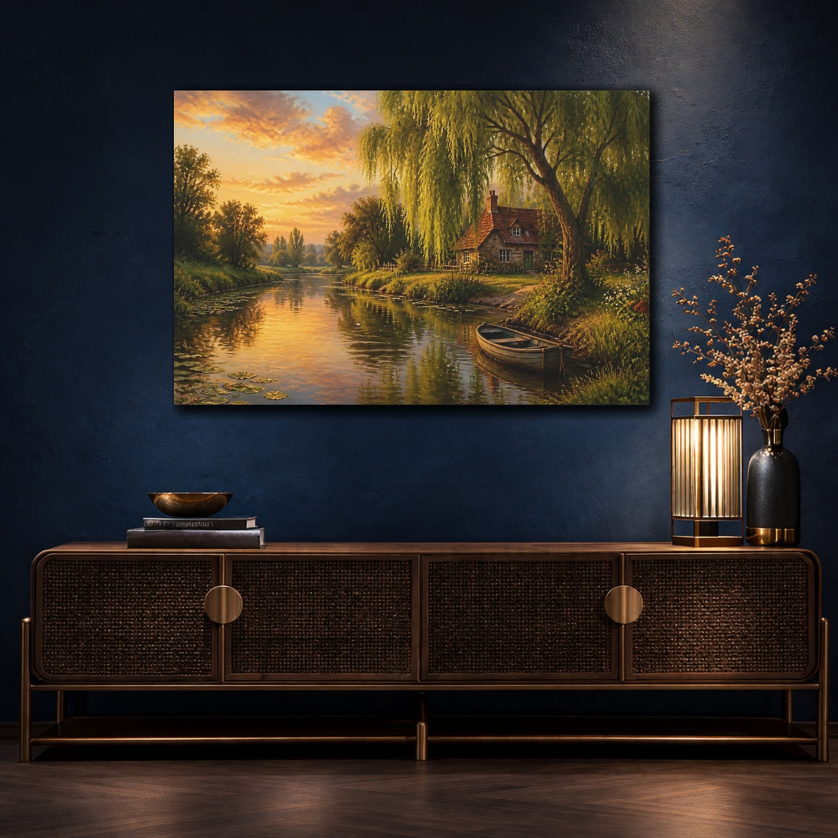 Mockup 4. Willow Tree Landscape Cottage shown as canvas print