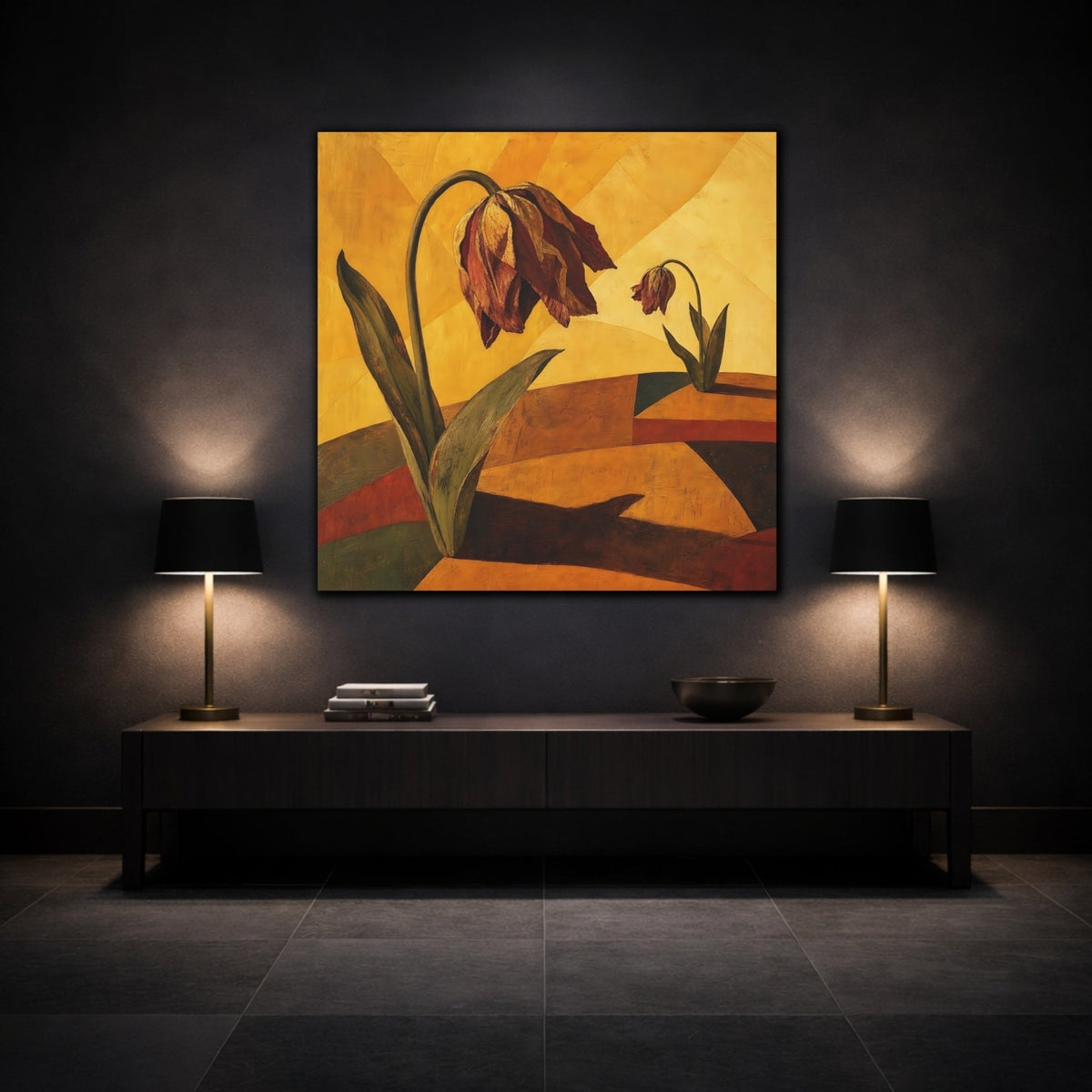 Wilted Tulips In Gold Canvas Print – Living Room, Above Console Table, Golden Ochre - YesArtYes