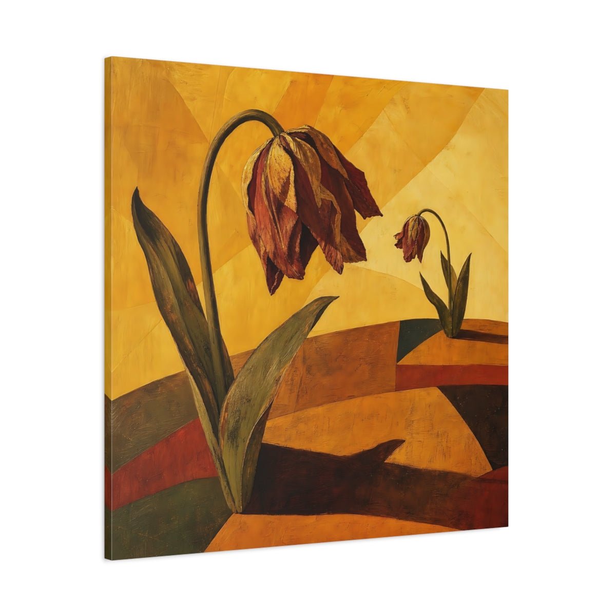 Wilted Tulips In Gold Canvas Print – Living Room, Above Console Table, Golden Ochre - YesArtYes