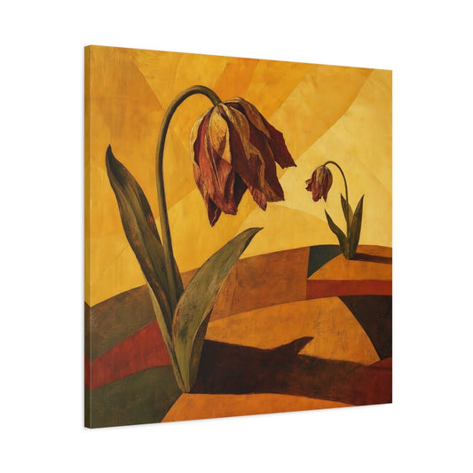 Wilted Tulips In Gold Canvas Print – Living Room, Above Console Table, Golden Ochre - YesArtYes