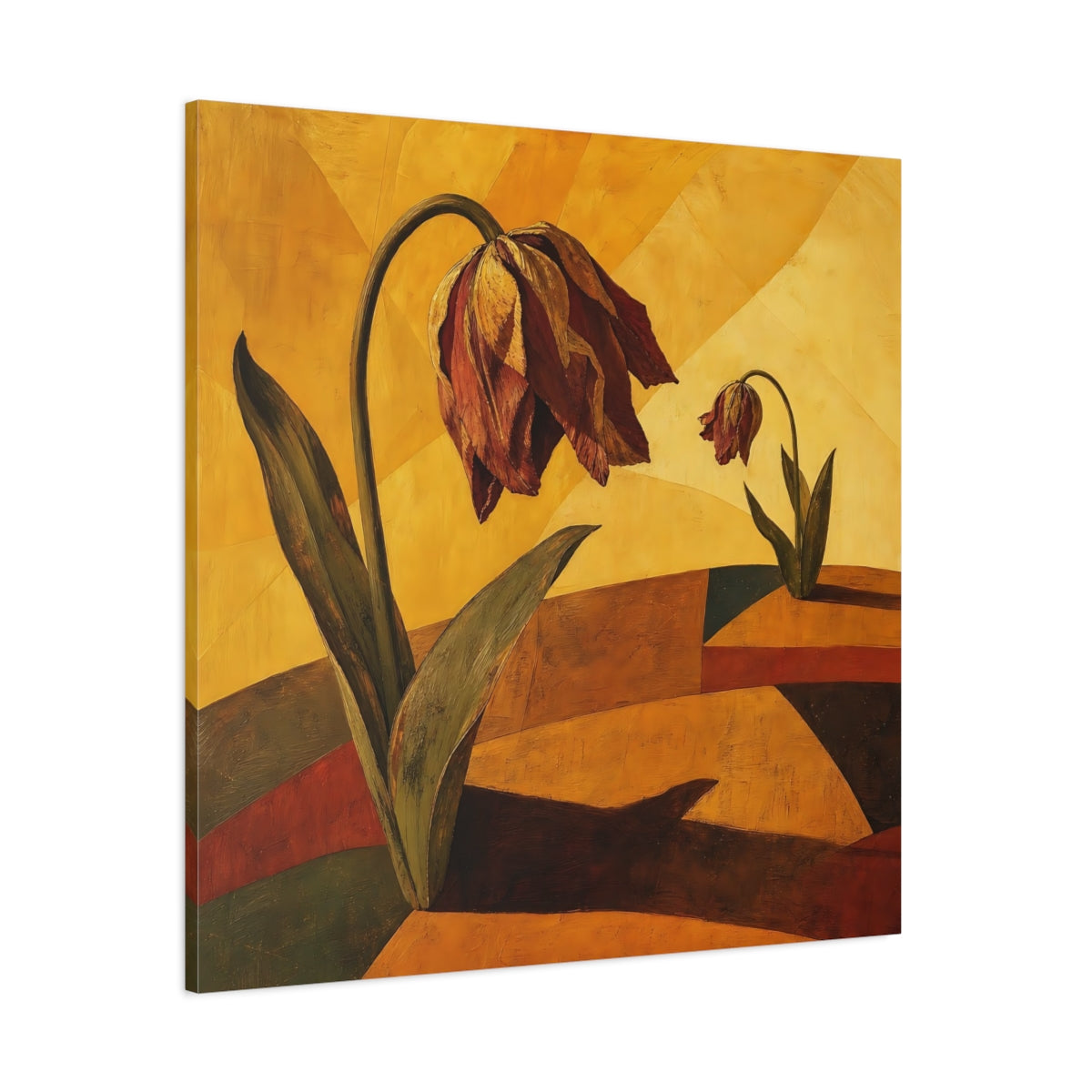 Side Mockup 1. Wilted Tulips In Gold shown as canvas print