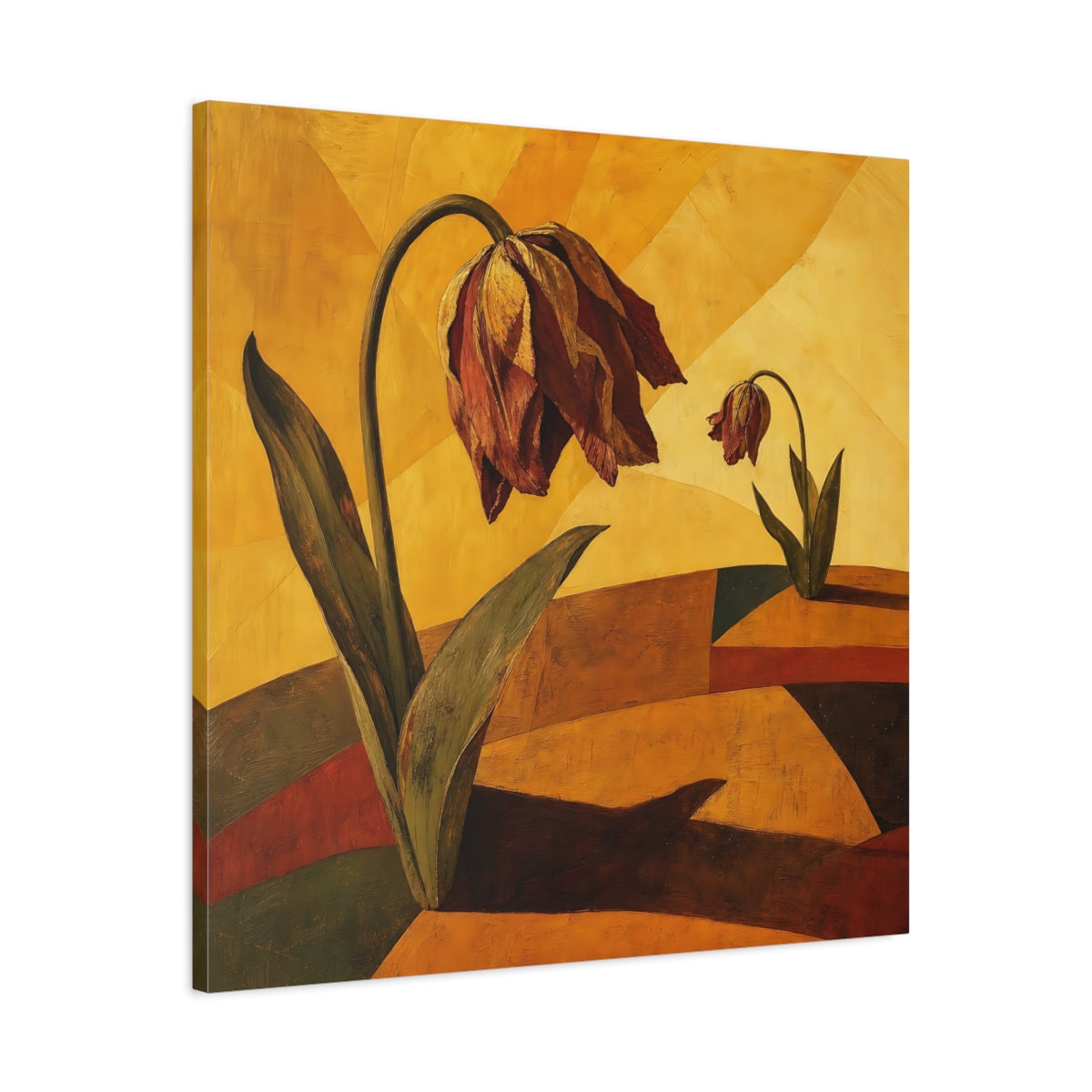 Side Mockup 3. Wilted Tulips In Gold shown as canvas print