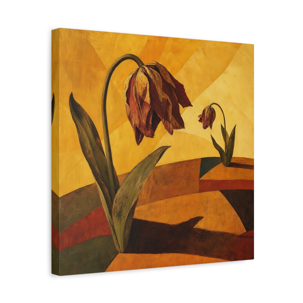 Side Mockup 6. Wilted Tulips In Gold shown as canvas print
