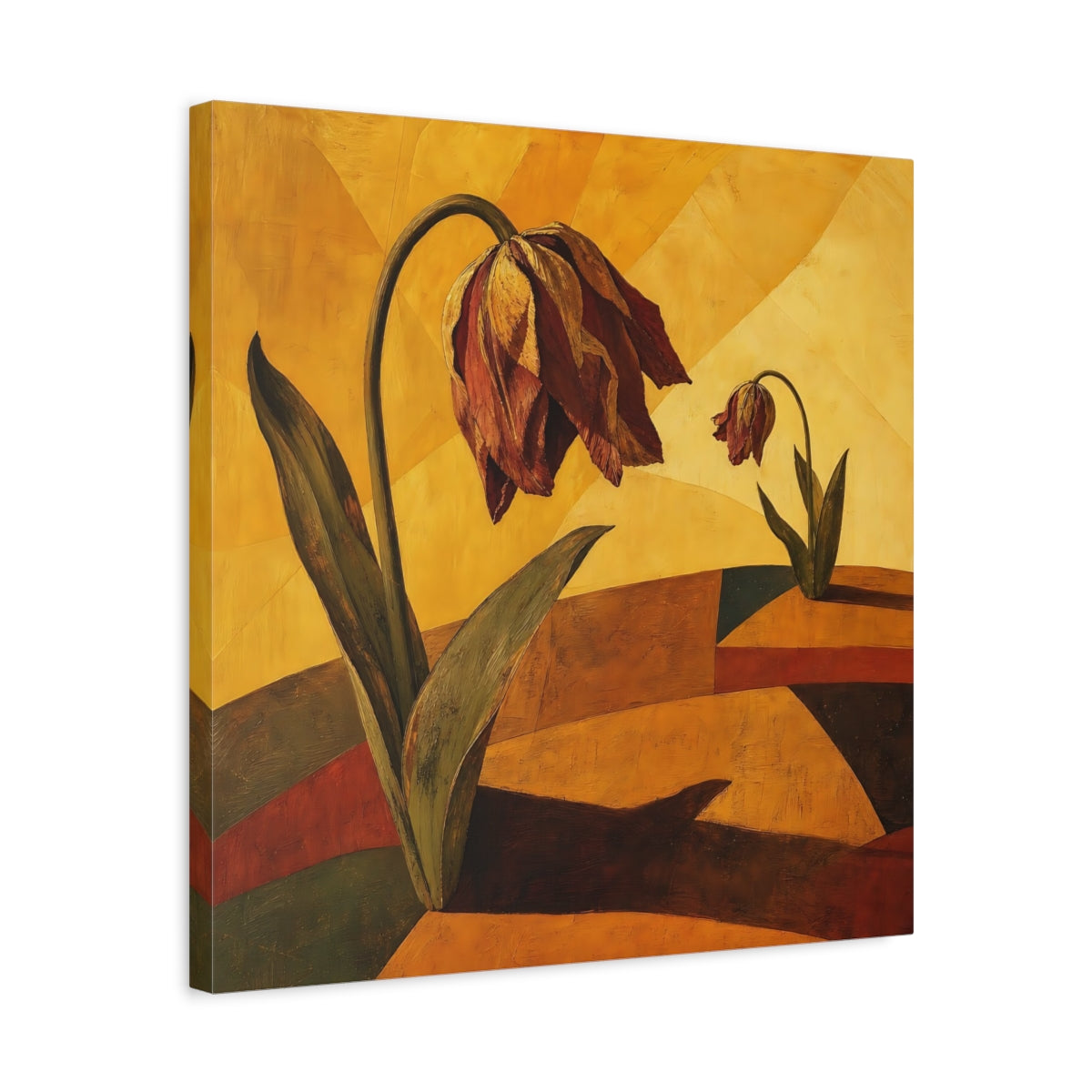 Side Mockup 5. Wilted Tulips In Gold shown as canvas print
