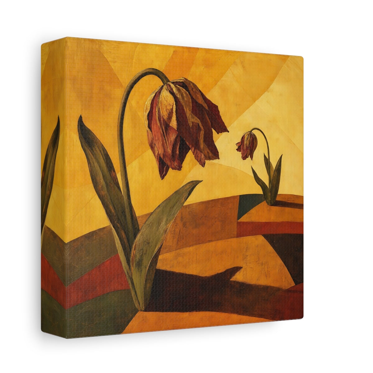 Side Mockup 2. Wilted Tulips In Gold shown as canvas print