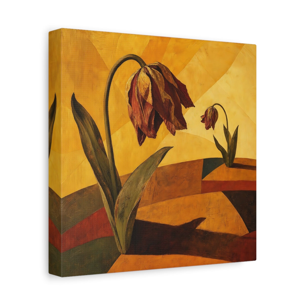 Side Mockup 9. Wilted Tulips In Gold shown as canvas print