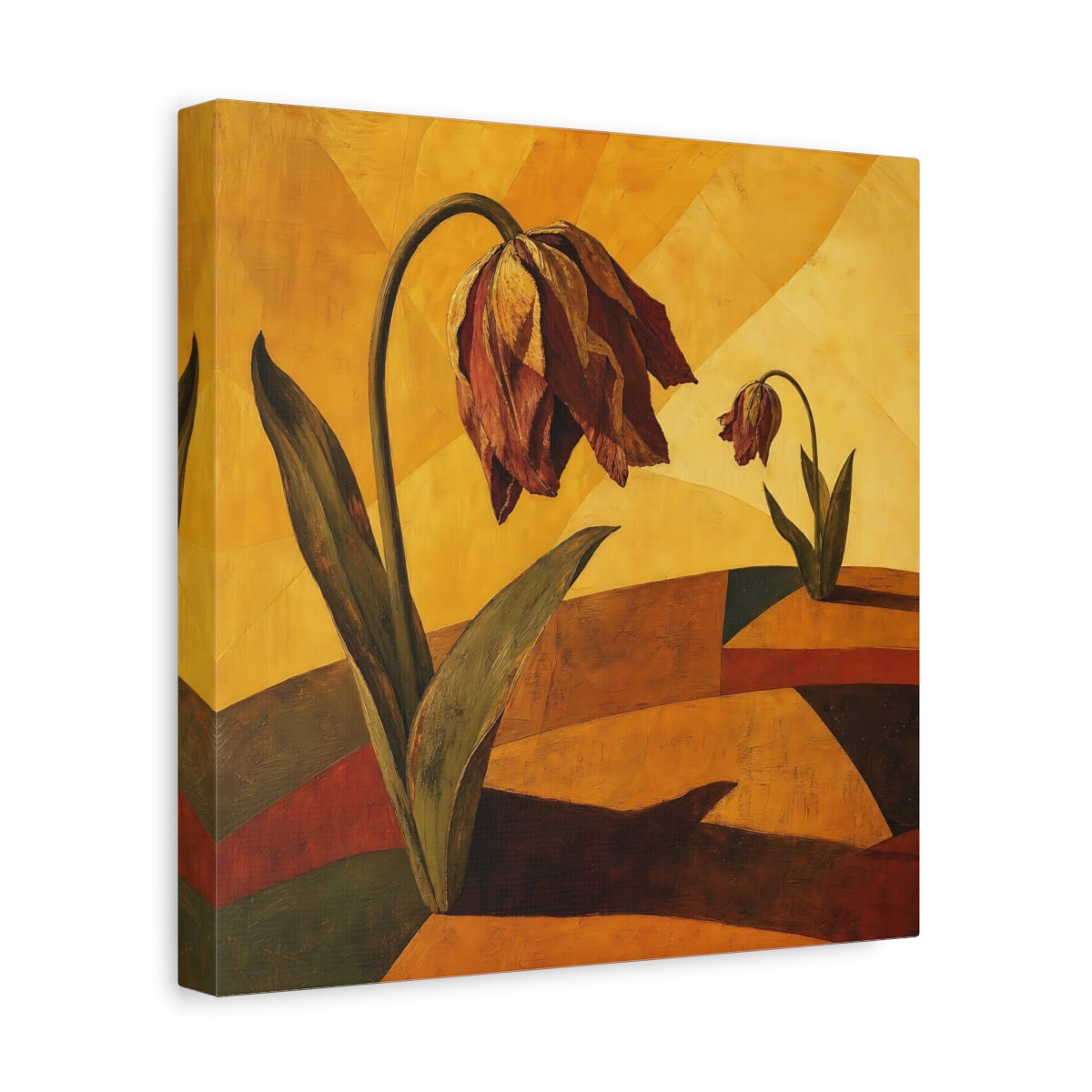 Side Mockup 8. Wilted Tulips In Gold shown as canvas print