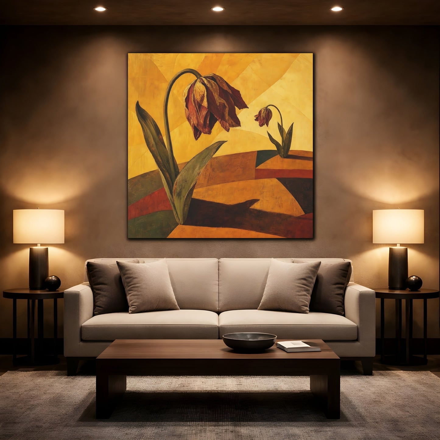 Mockup 2. Wilted Tulips In Gold shown as canvas print