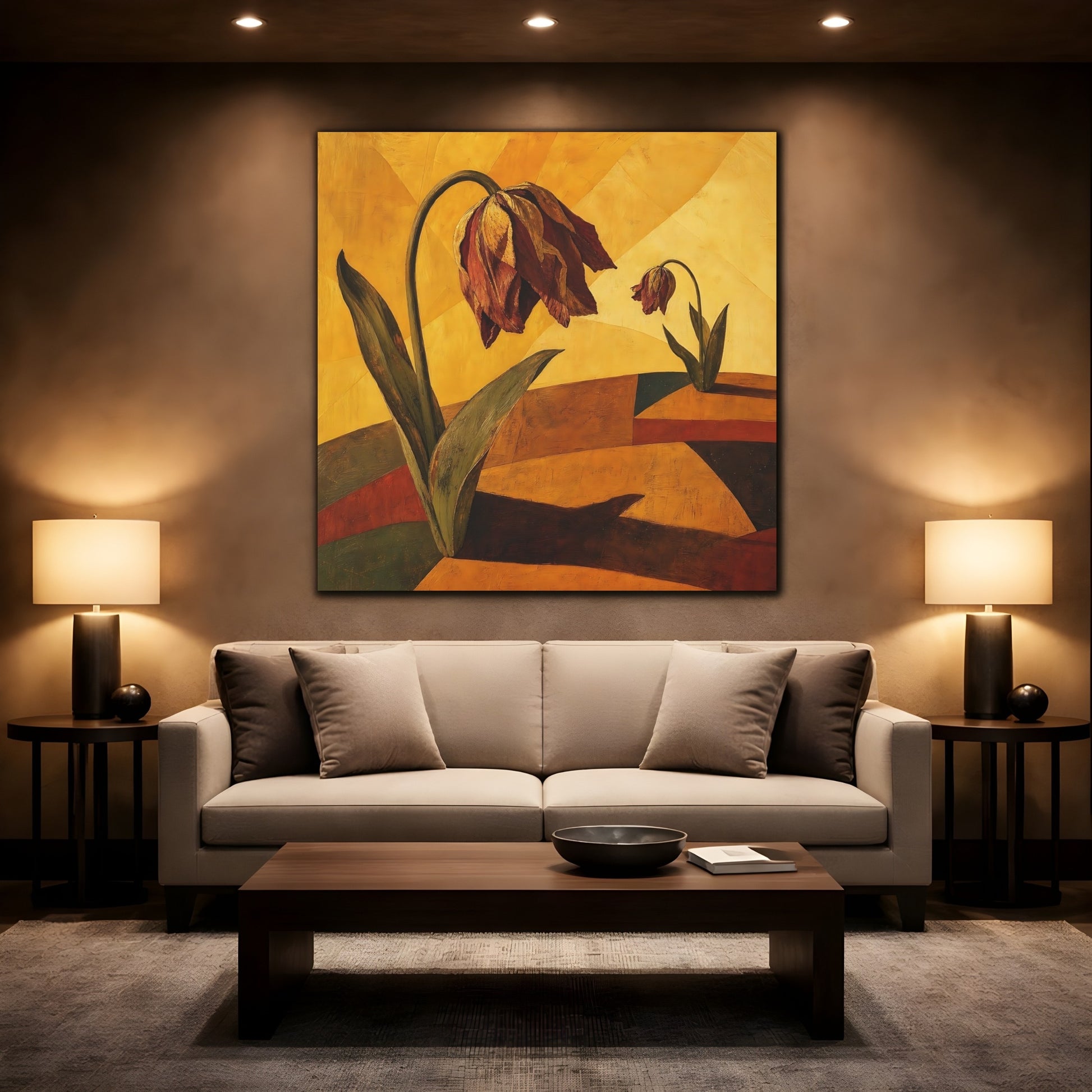 Mockup 2. Wilted Tulips In Gold shown as canvas print
