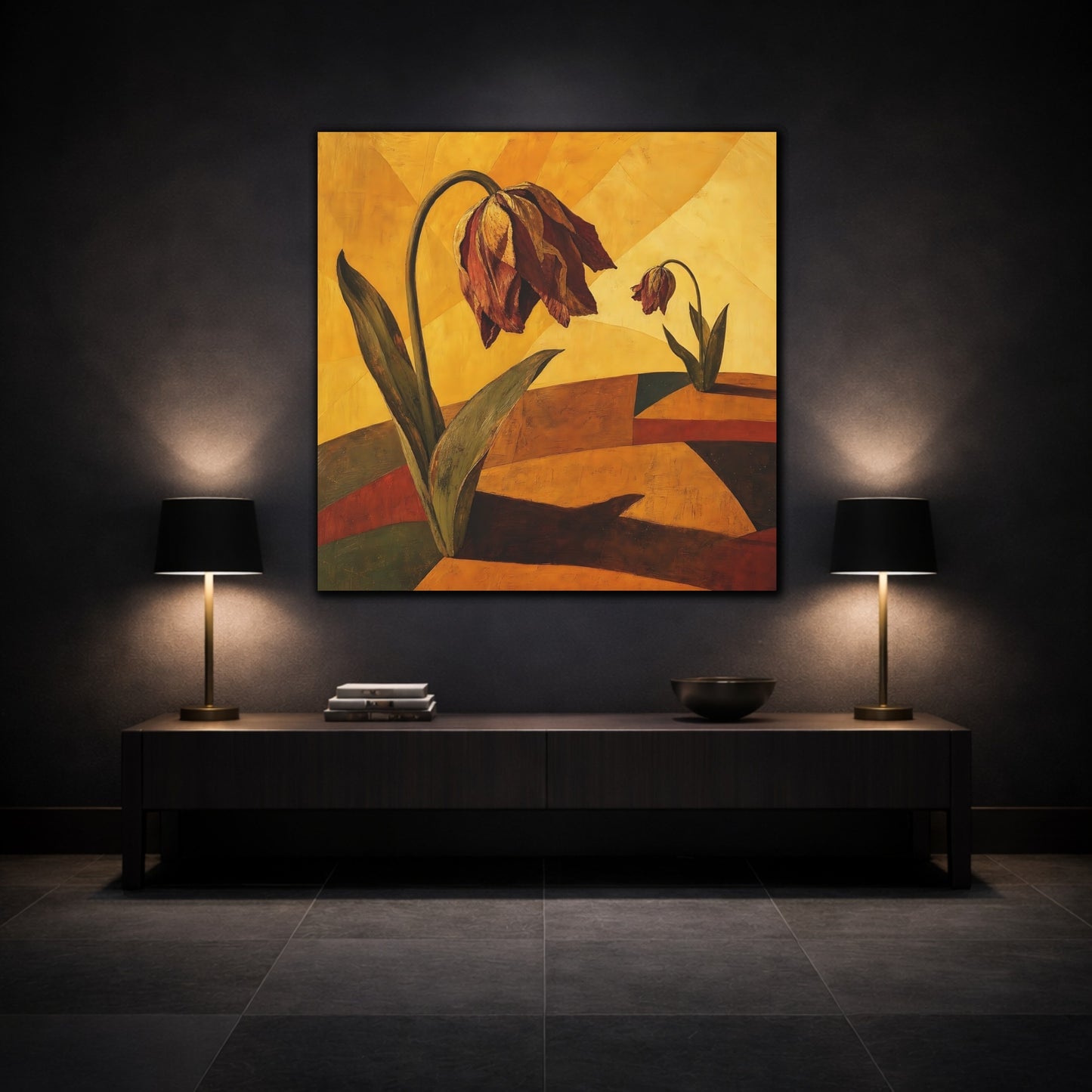 Mockup 3. Wilted Tulips In Gold shown as canvas print