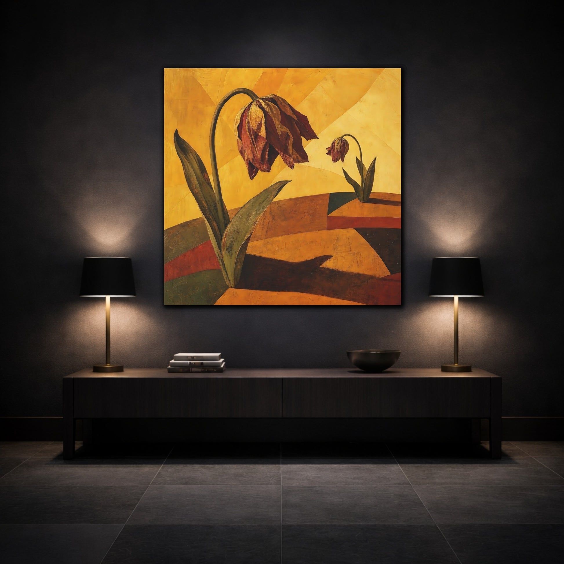 Mockup 3. Wilted Tulips In Gold shown as canvas print