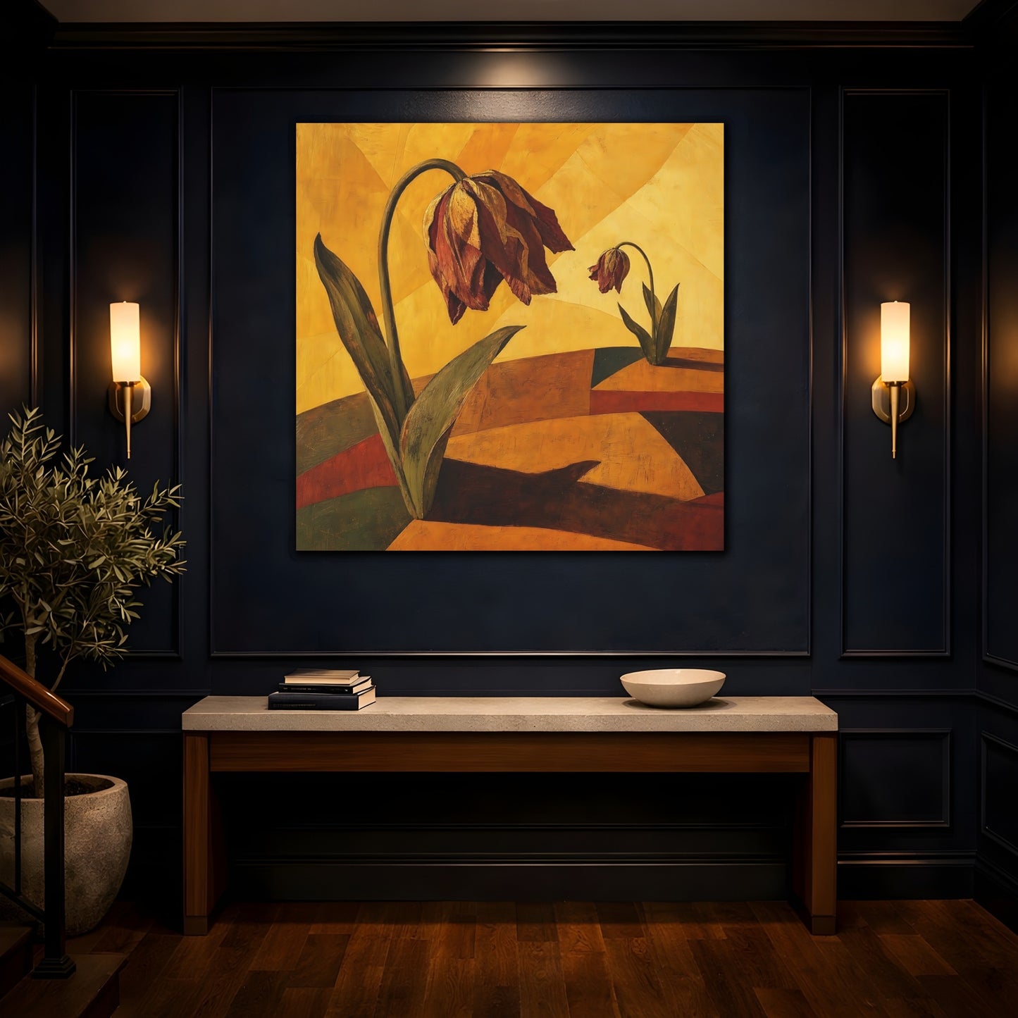 Mockup 4. Wilted Tulips In Gold shown as canvas print