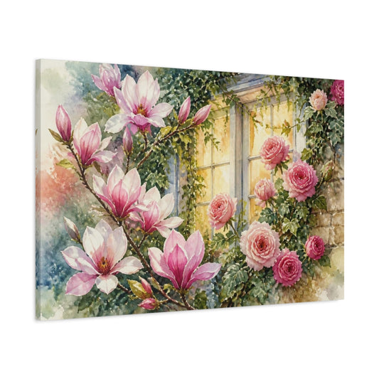 Main Mockup. Window Of Pink Blooms shown as canvas print
