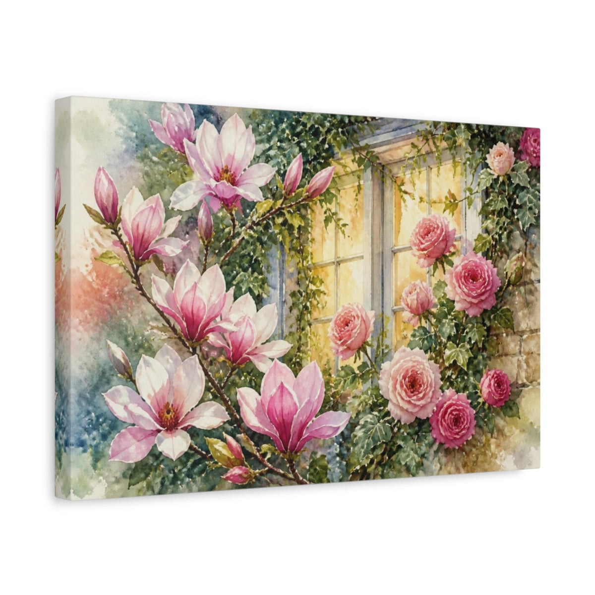 Side Mockup 4. Window Of Pink Blooms shown as canvas print