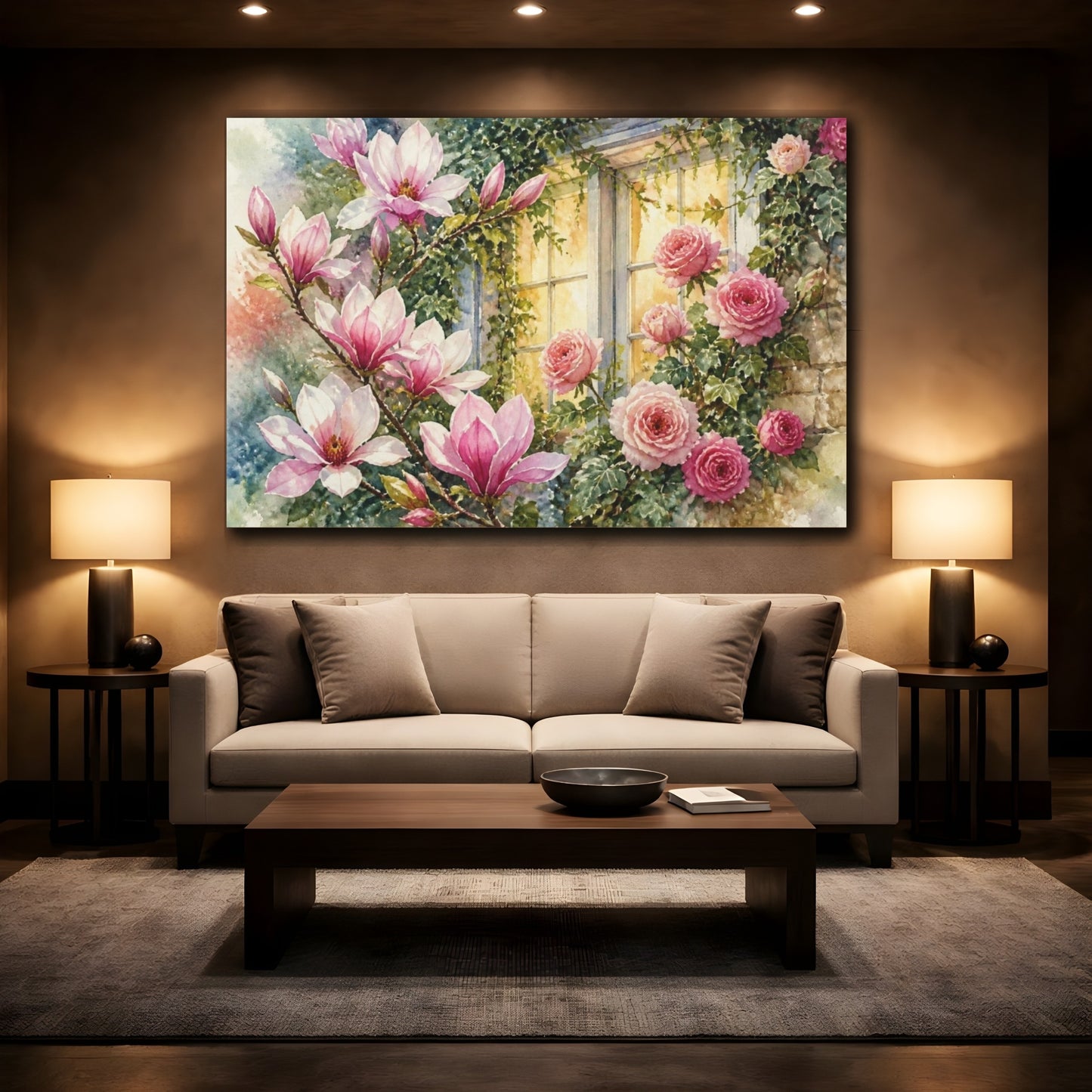 Mockup 2. Window Of Pink Blooms shown as canvas print
