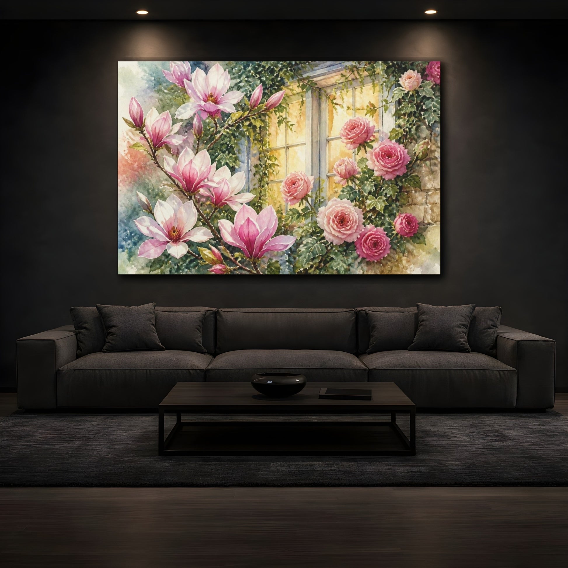 Mockup 3. Window Of Pink Blooms shown as canvas print