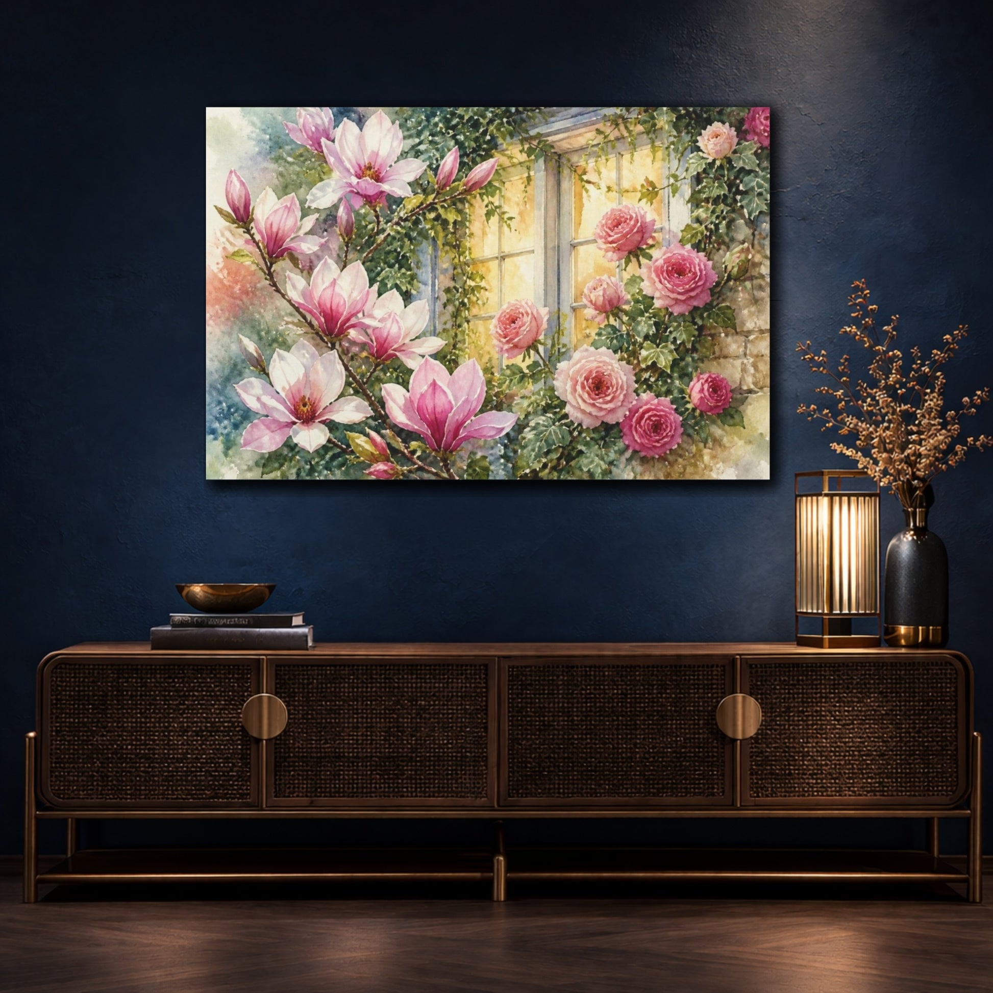 Mockup 4. Window Of Pink Blooms shown as canvas print