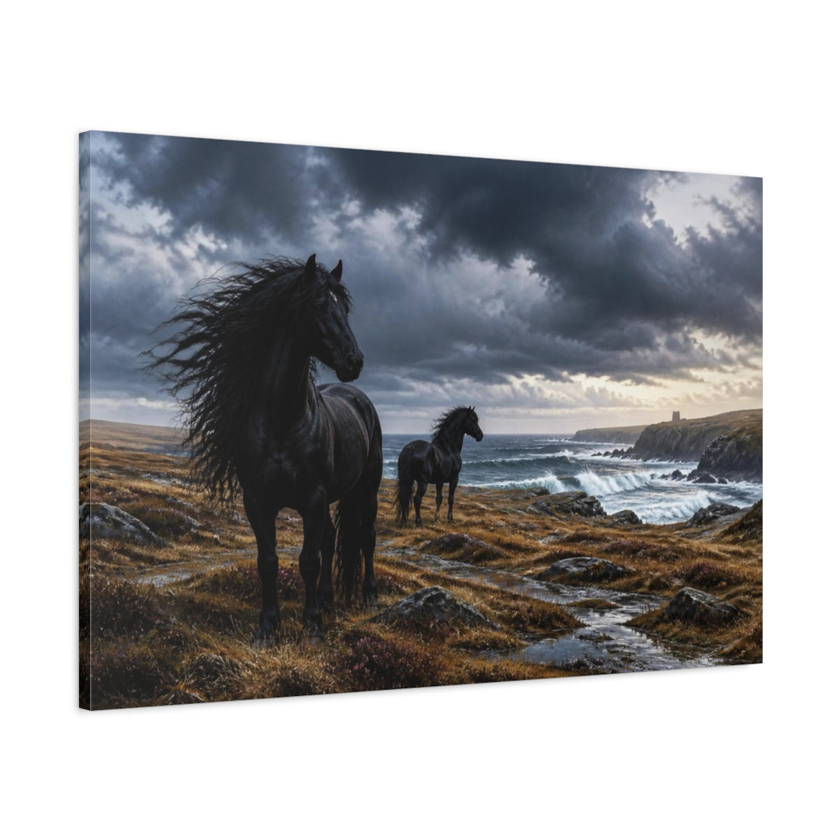 Main Mockup. Windswept Black Horses By Sea shown as canvas print