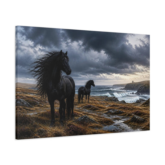 Main Mockup. Windswept Black Horses By Sea shown as canvas print