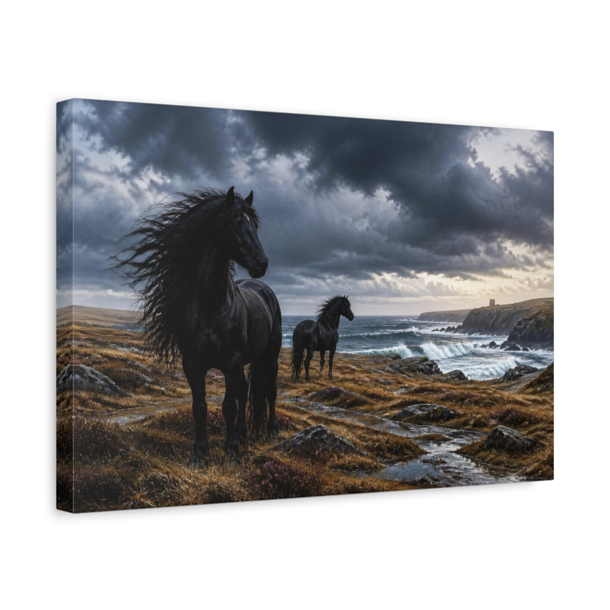 Side Mockup 4. Windswept Black Horses By Sea shown as canvas print