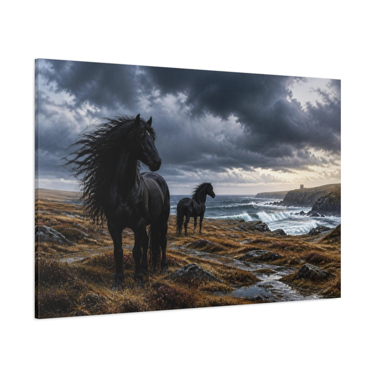 Side Mockup 1. Windswept Black Horses By Sea shown as canvas print