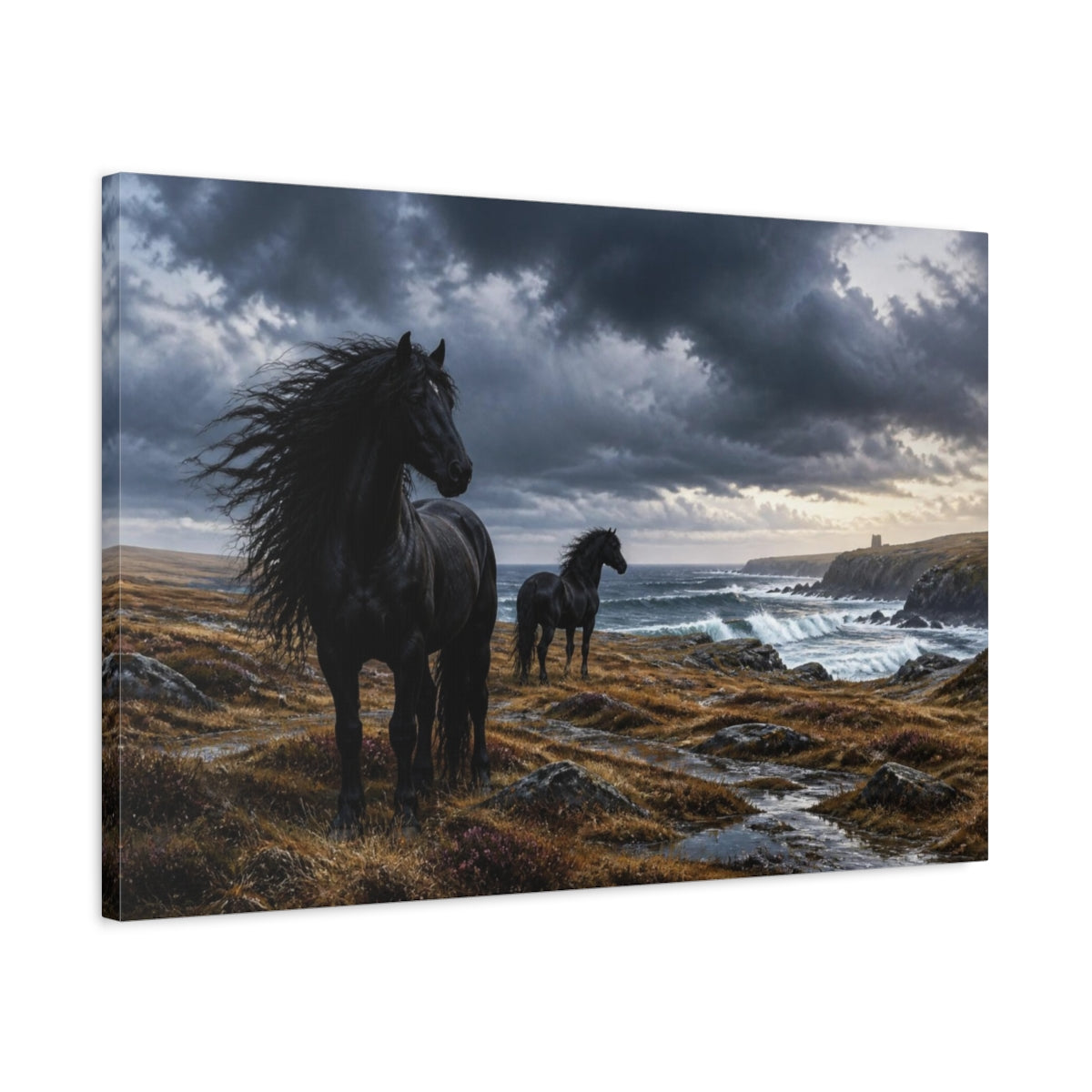 Side Mockup 2. Windswept Black Horses By Sea shown as canvas print