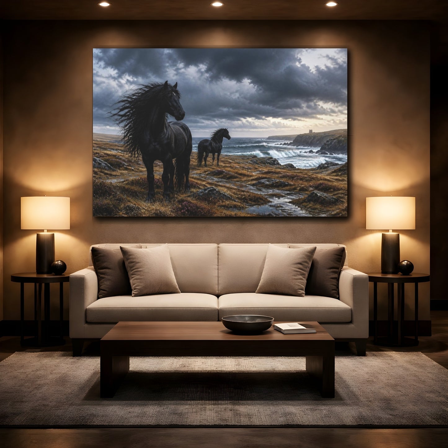 Mockup 2. Windswept Black Horses By Sea shown as canvas print