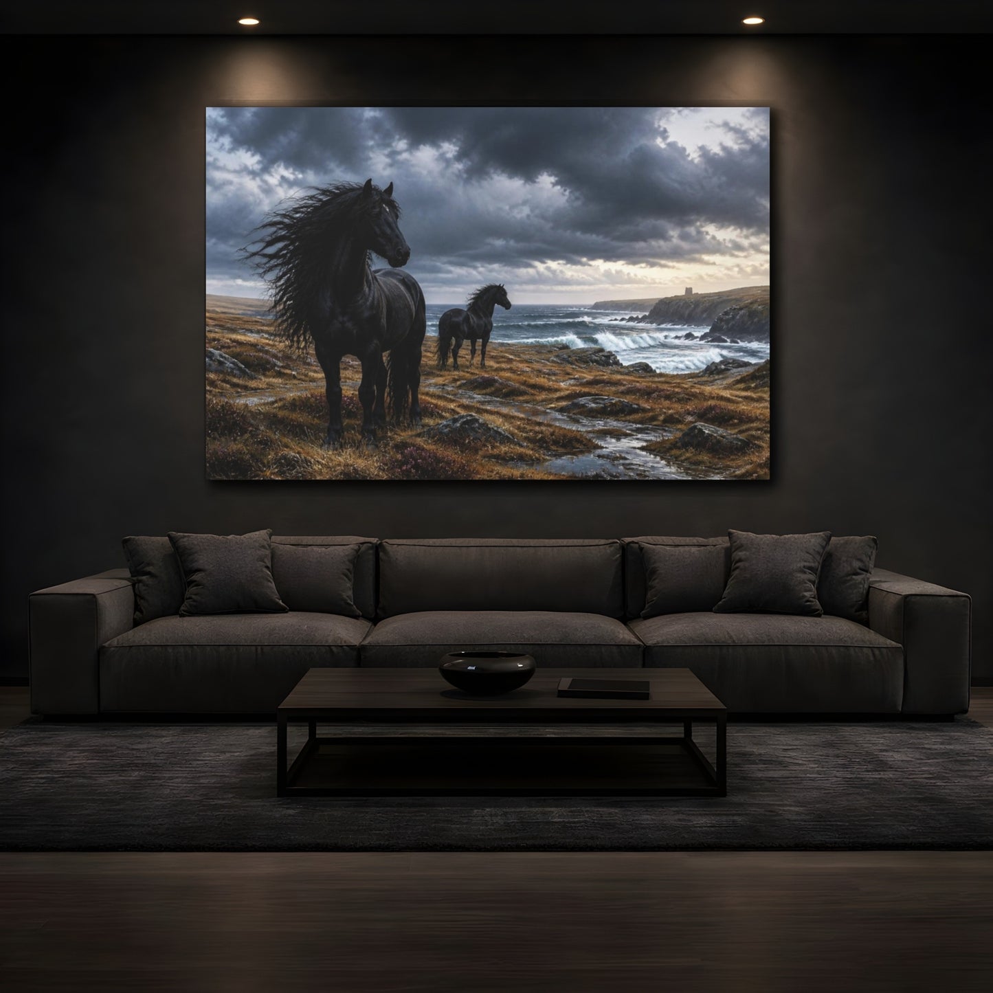 Mockup 3. Windswept Black Horses By Sea shown as canvas print