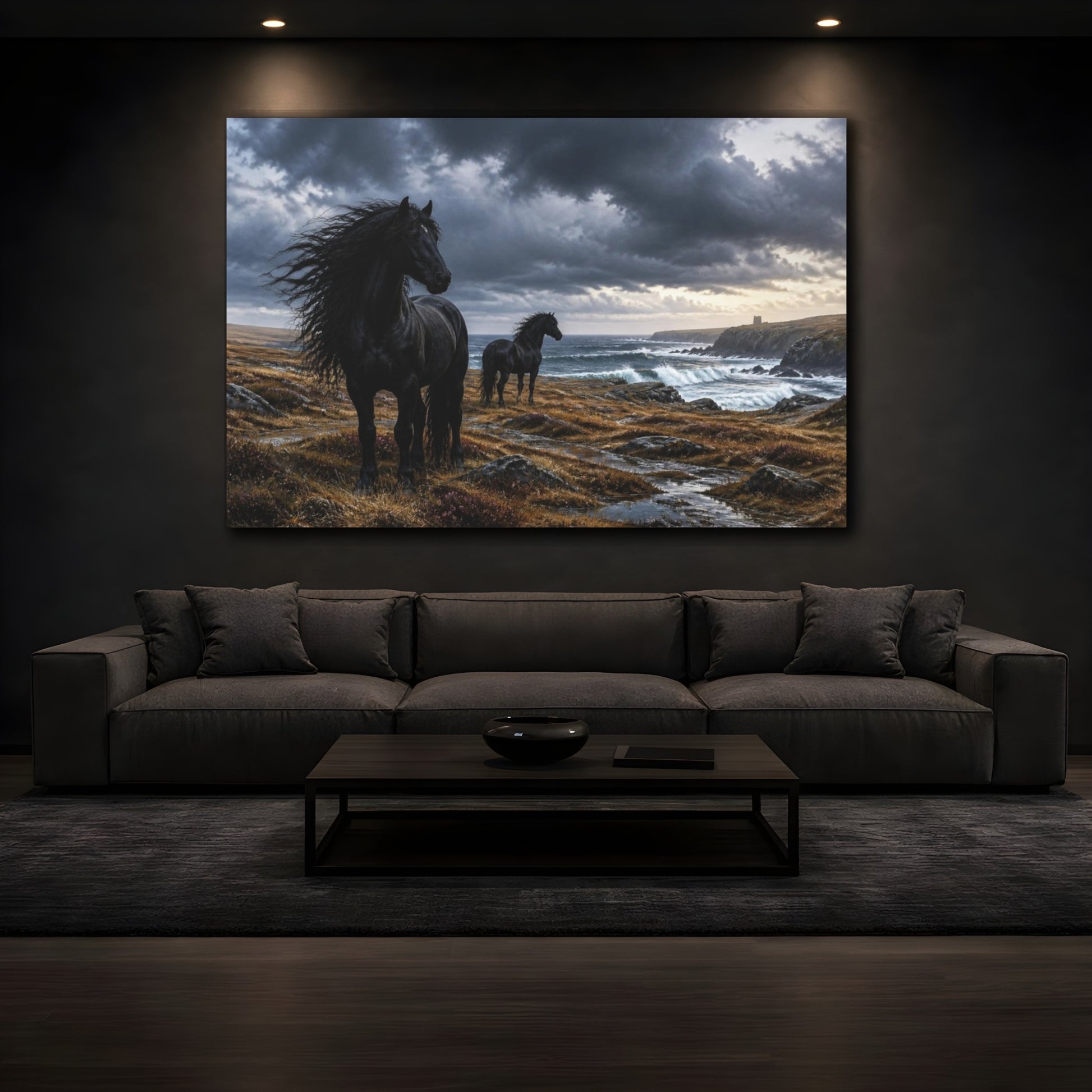 Mockup 3. Windswept Black Horses By Sea shown as canvas print