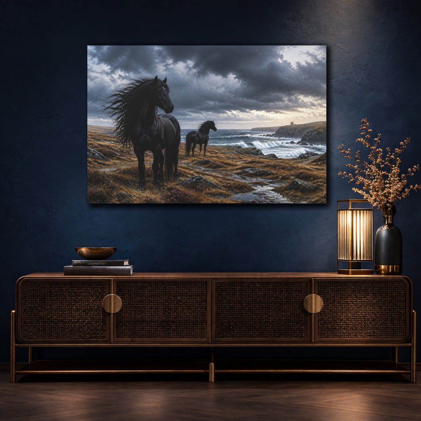 Mockup 4. Windswept Black Horses By Sea shown as canvas print