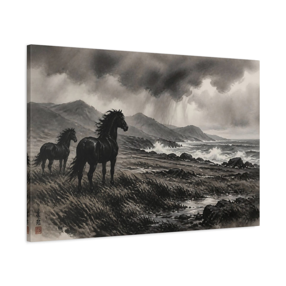 Main Mockup. Windswept Black Horses Landscape shown as canvas print
