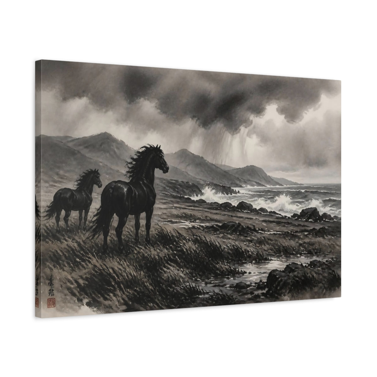 Side Mockup 2. Windswept Black Horses Landscape shown as canvas print