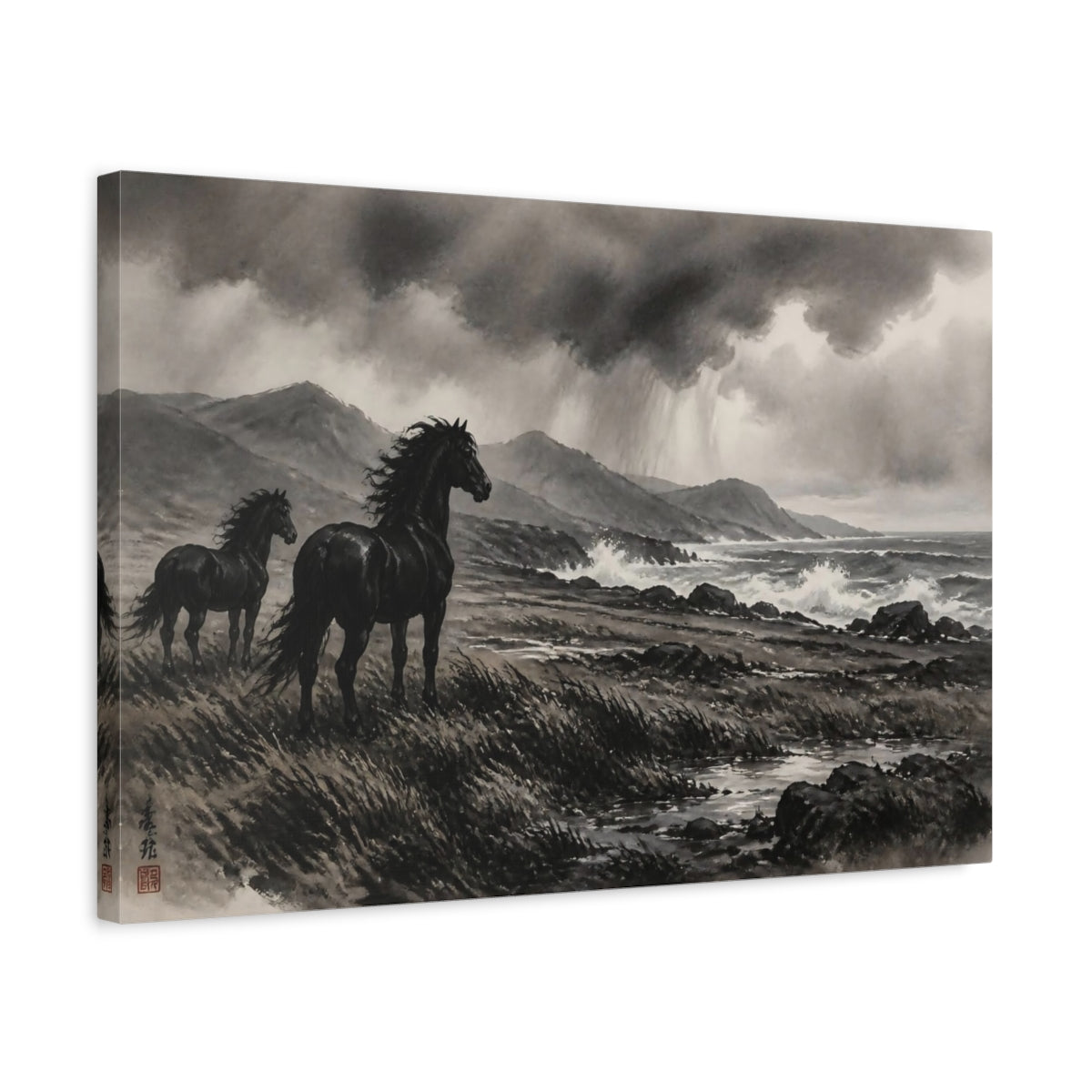 Side Mockup 3. Windswept Black Horses Landscape shown as canvas print