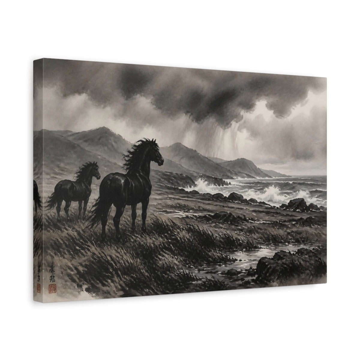 Side Mockup 4. Windswept Black Horses Landscape shown as canvas print