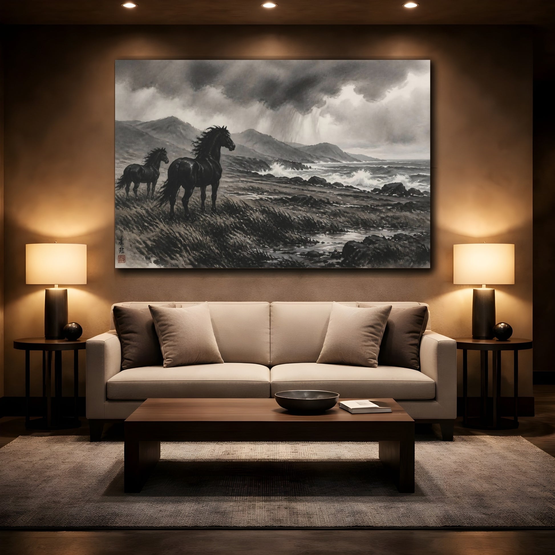 Mockup 2. Windswept Black Horses Landscape shown as canvas print