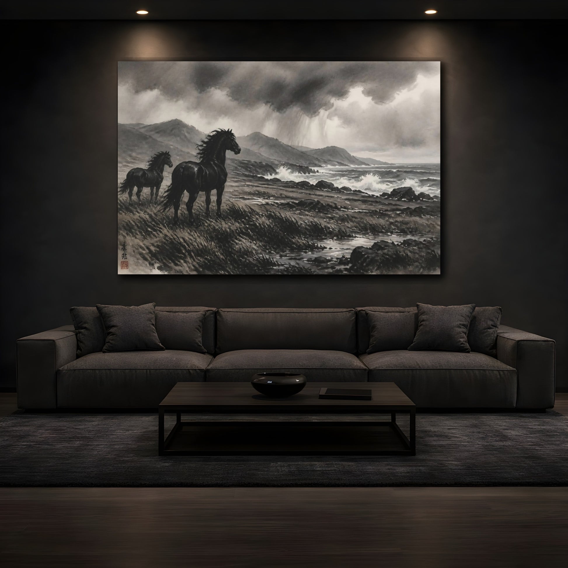 Mockup 3. Windswept Black Horses Landscape shown as canvas print