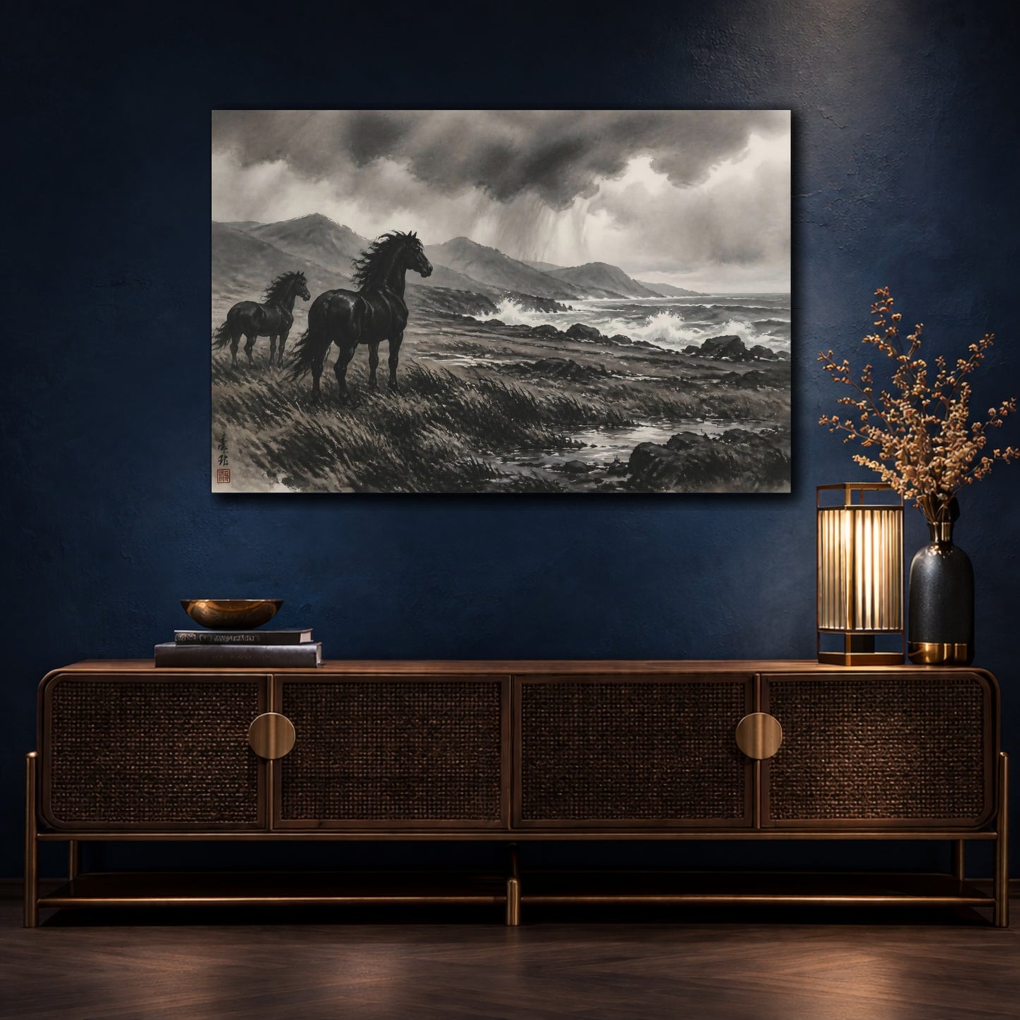 Mockup 4. Windswept Black Horses Landscape shown as canvas print