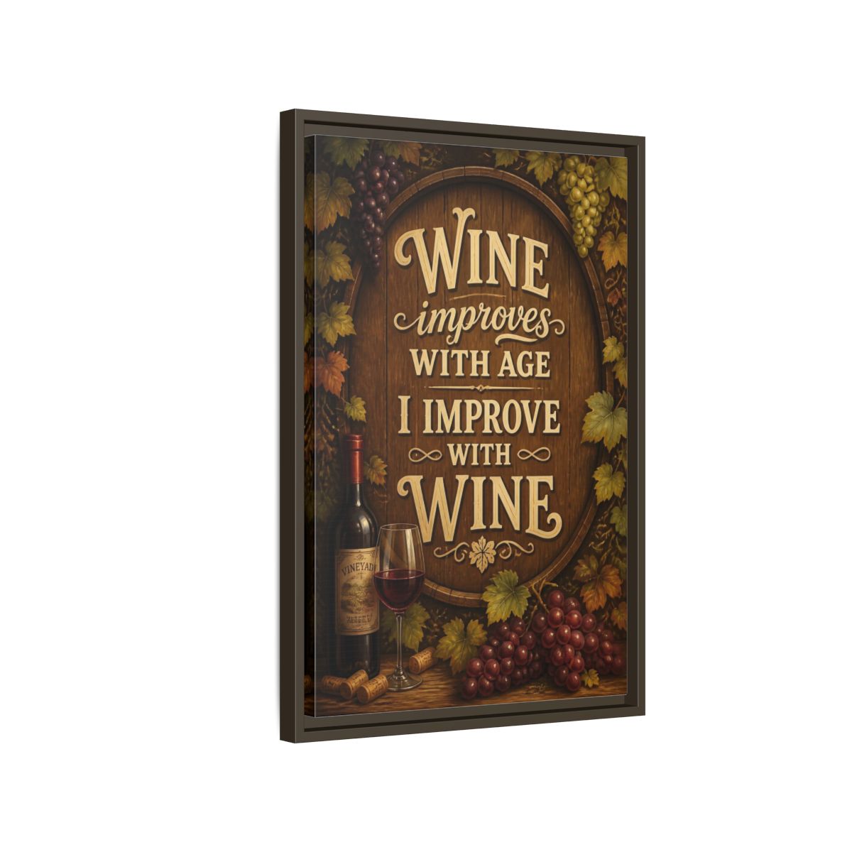 Side Mockup 2. Wine Quote Sign shown as framed canvas print