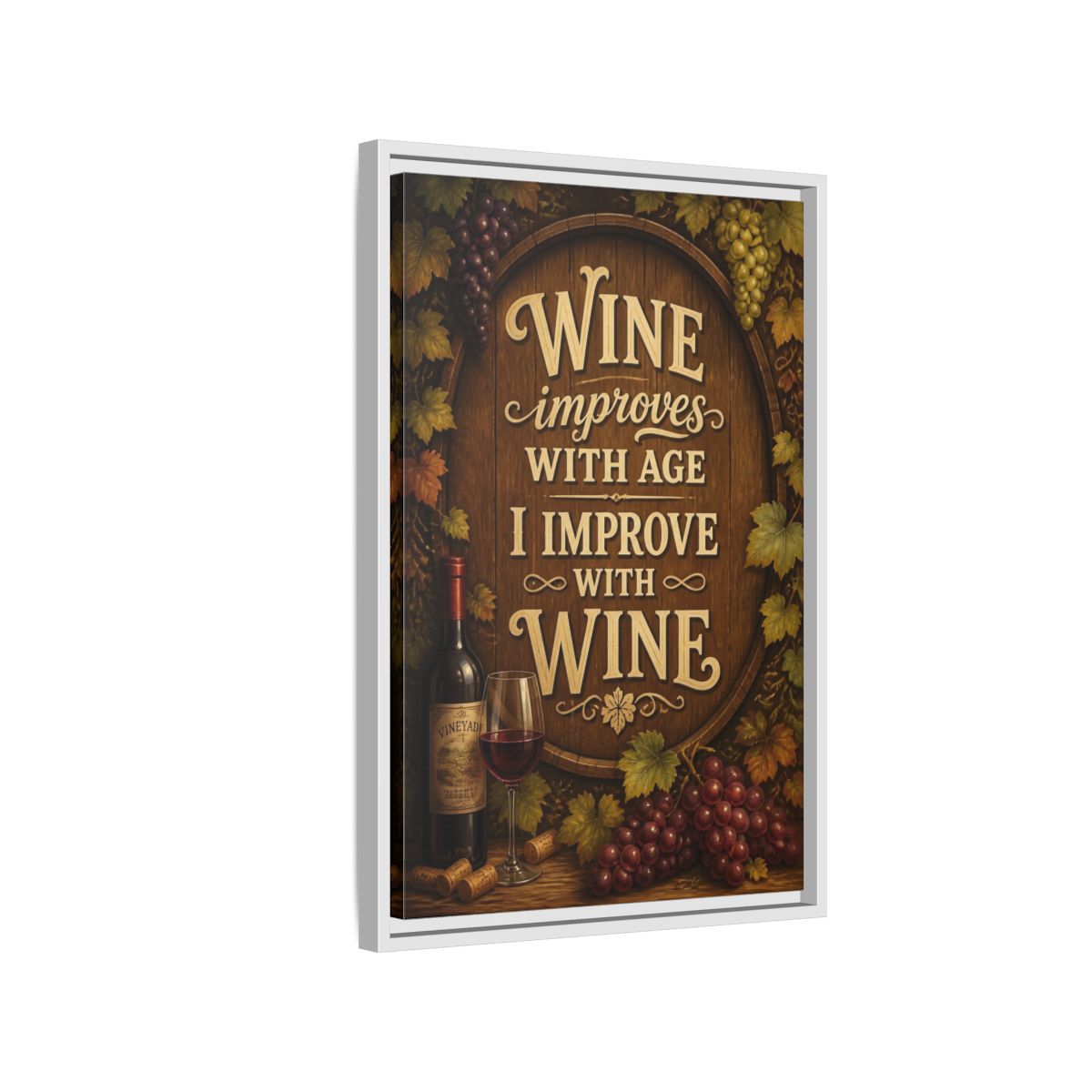 Side Mockup 1. Wine Quote Sign shown as framed canvas print