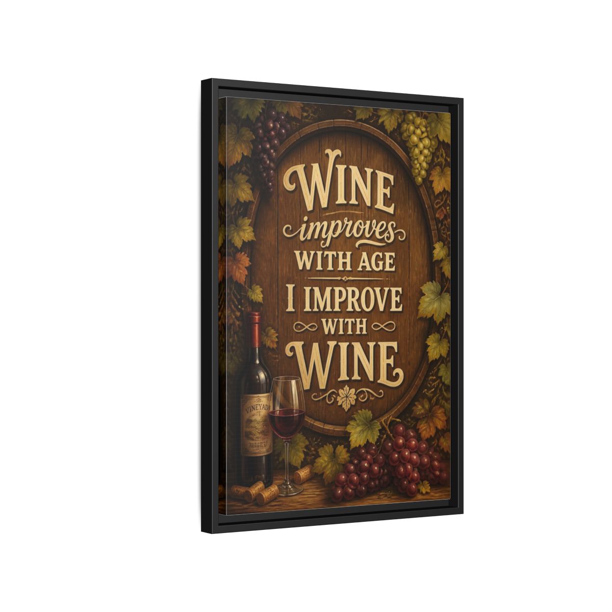 Side Mockup 3. Wine Quote Sign shown as framed canvas print