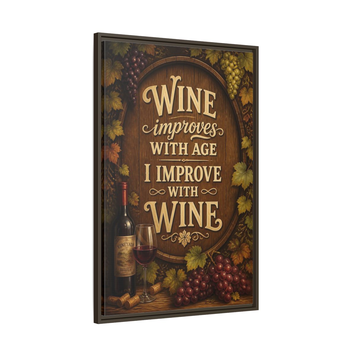 Main Mockup. Wine Quote Sign shown as framed canvas print