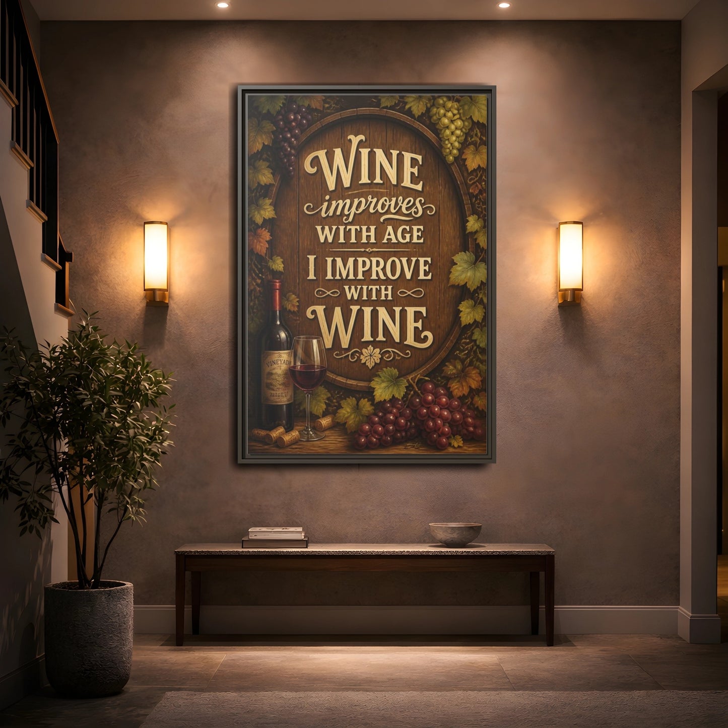 Mockup 2. Wine Quote Sign shown as framed canvas print