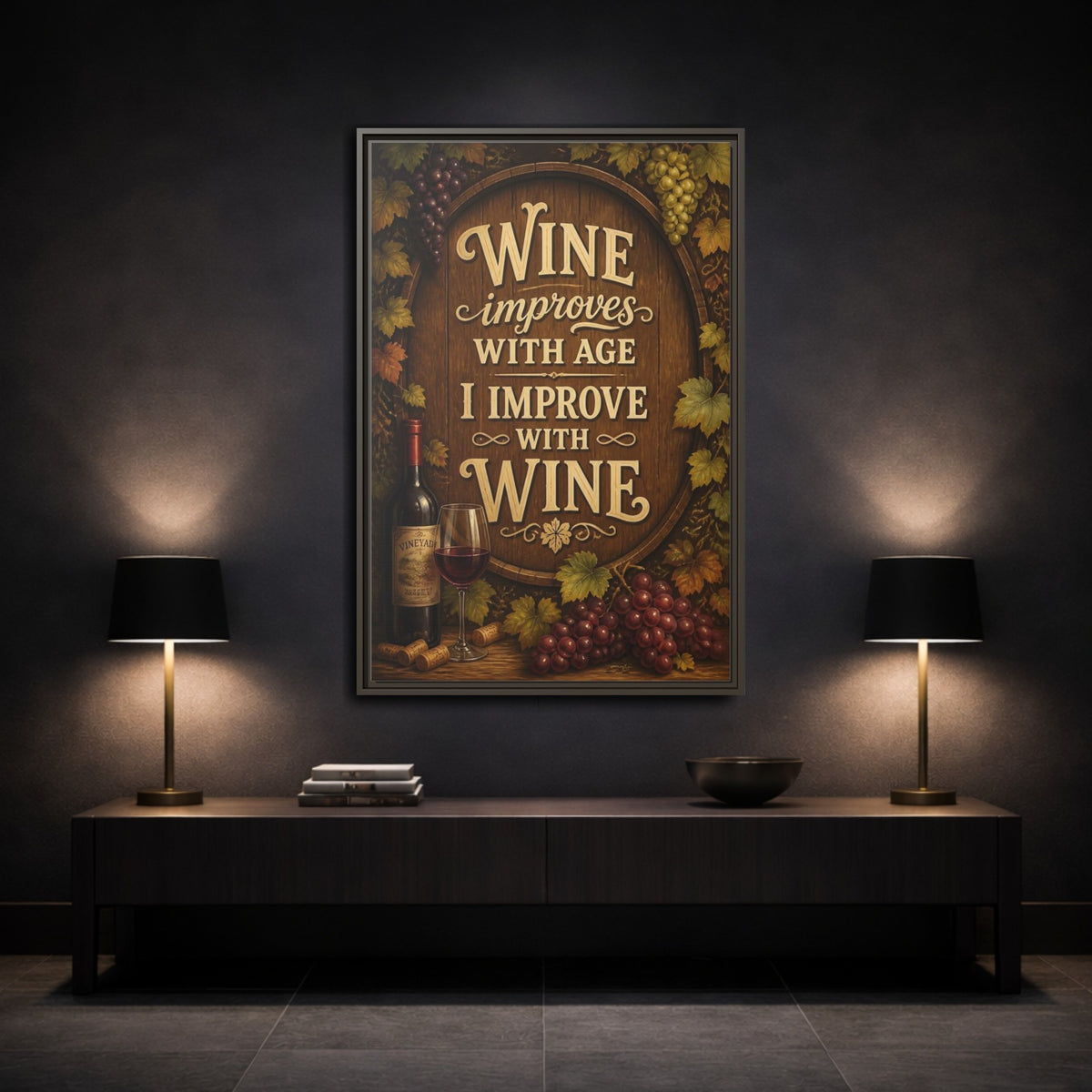 Mockup 3. Wine Quote Sign shown as framed canvas print