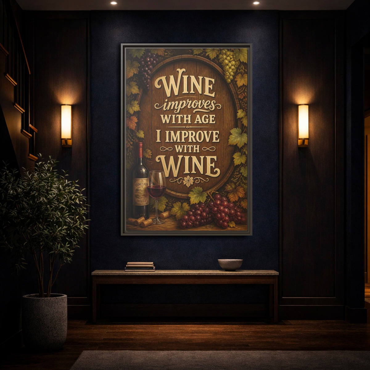 Mockup 4. Wine Quote Sign shown as framed canvas print